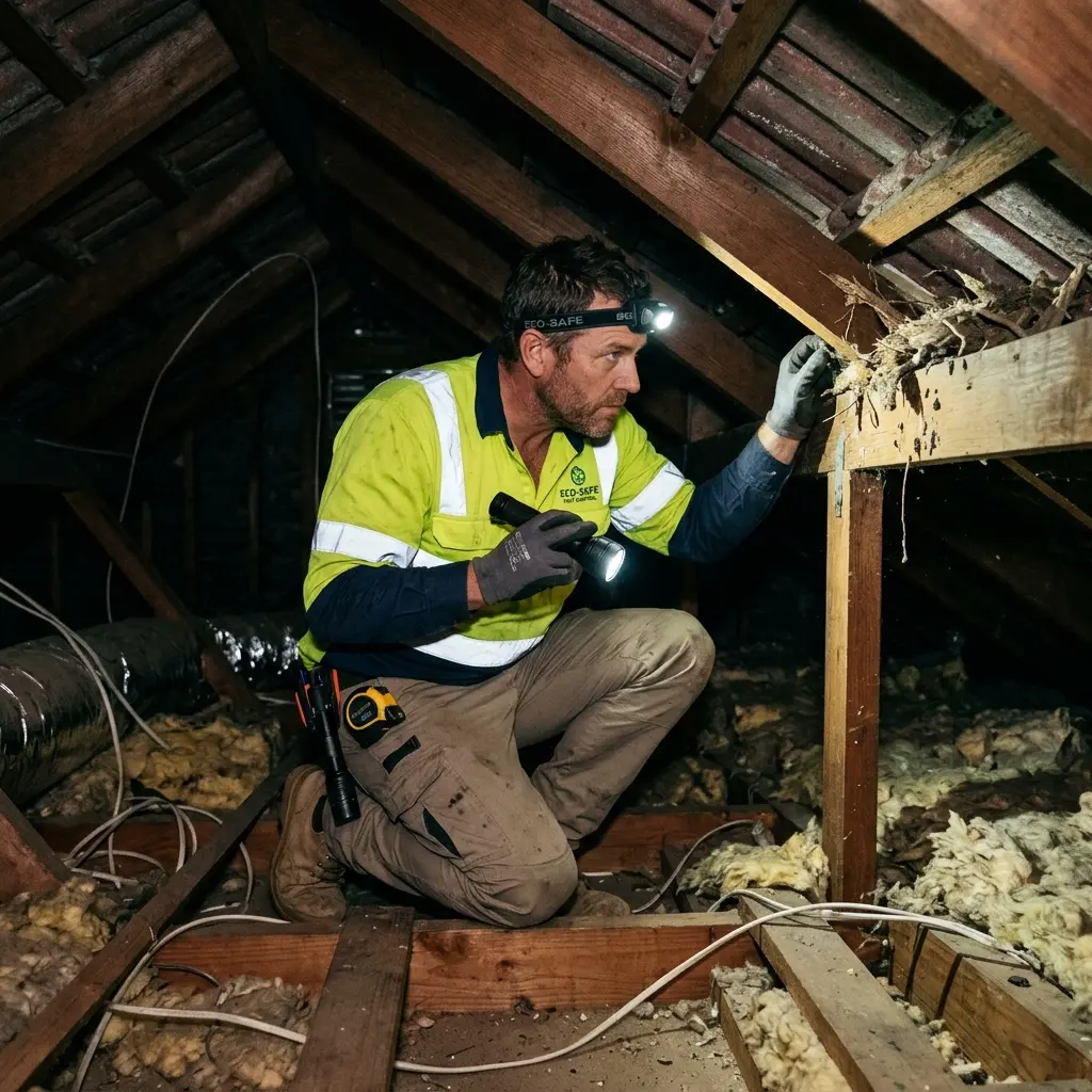 Technician inspecting a Clarinda roof cavity for a dead possum